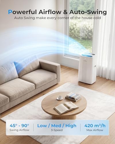 14000 BTU Portable Air Conditioner with Cooling, Dehumidifier, Fan & Sleep Mode, Auto-Swing, Remote Control, 24H Timer, Exhaust Hose, Energy Class A