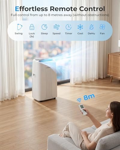 14000 BTU Portable Air Conditioner with Cooling, Dehumidifier, Fan & Sleep Mode, Auto-Swing, Remote Control, 24H Timer, Exhaust Hose, Energy Class A