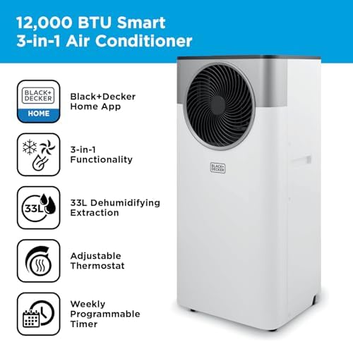 12000 BTU Portable Air Conditioner with Cooling, Dehumidifier & Fan, Smart Control, Power Memory Function, White, Energy Class A