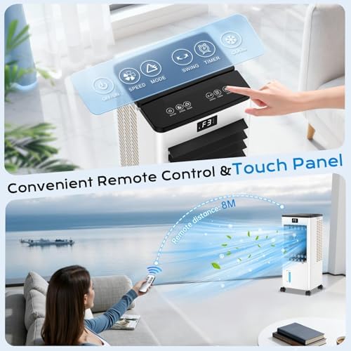 60W Air Cooler with LED Display, 3 Modes, 8L Water Tank, 12-Hour Timer, 60°/120° Oscillation, Touch & Remote Control, Includes 4 Ice Boxes, Low Noise