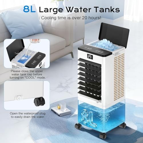 60W Air Cooler with LED Display, 3 Modes, 8L Water Tank, 12-Hour Timer, 60°/120° Oscillation, Touch & Remote Control, Includes 4 Ice Boxes, Low Noise